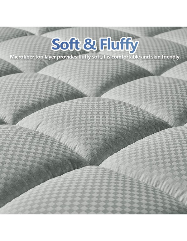 MATBEBY Bedding Quilted Fitted Queen Mattress Pad Cooling Breathable Fluffy Soft Mattress Pad Stretches up to 21 Inch Deep, Queen Size, Light Grey, Mattress Topper Mattress Protector