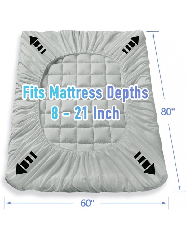 MATBEBY Bedding Quilted Fitted Queen Mattress Pad Cooling Breathable Fluffy Soft Mattress Pad Stretches up to 21 Inch Deep, Queen Size, Light Grey, Mattress Topper Mattress Protector