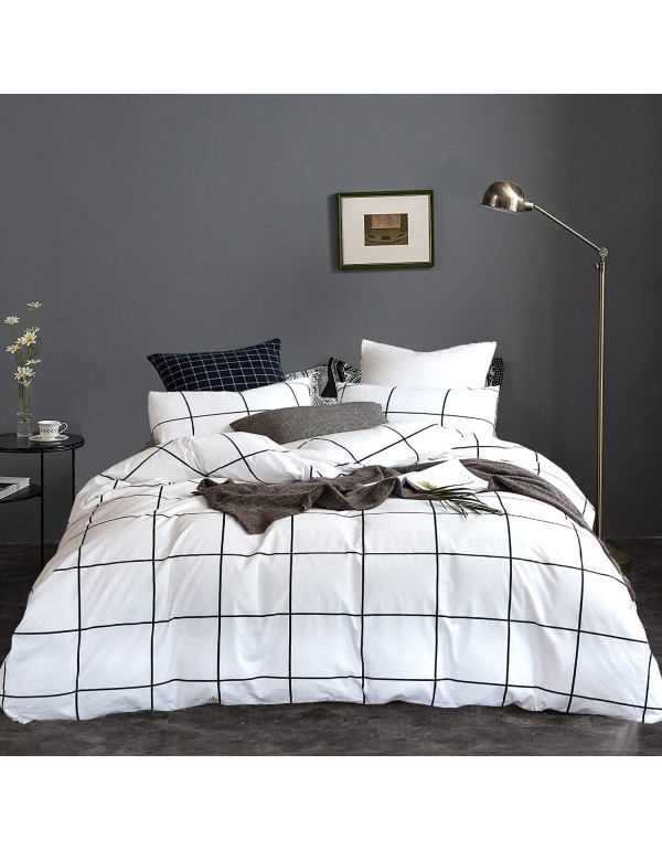 KAREVER White Grid Comforter Set Big Grid Bedding Set Twin Cotton White with Black Plaid Printed Stripes Women Checkered Comforters Bedding Set Girls White Grid Bed Blanket Set White Plaid Comforter