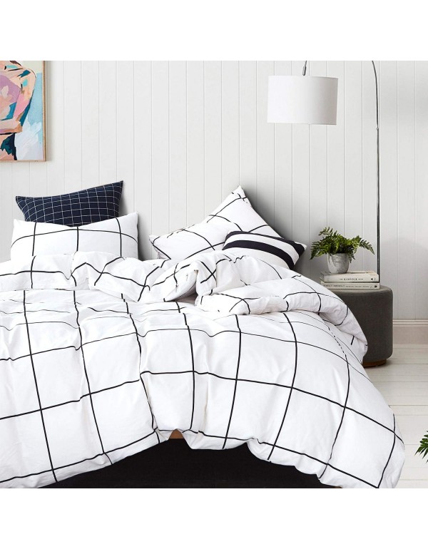 KAREVER White Grid Comforter Set Big Grid Bedding Set Twin Cotton White with Black Plaid Printed Stripes Women Checkered Comforters Bedding Set Girls White Grid Bed Blanket Set White Plaid Comforter