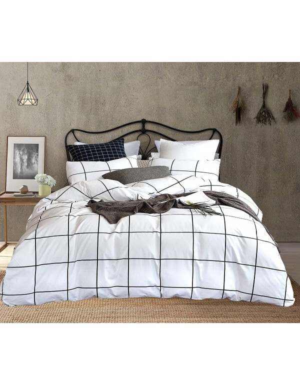 KAREVER White Grid Comforter Set Big Grid Bedding Set Twin Cotton White with Black Plaid Printed Stripes Women Checkered Comforters Bedding Set Girls White Grid Bed Blanket Set White Plaid Comforter