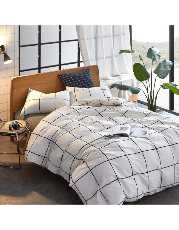 KAREVER White Grid Comforter Set Big Grid Bedding Set Twin Cotton White with Black Plaid Printed Stripes Women Checkered Comforters Bedding Set Girls White Grid Bed Blanket Set White Plaid Comforter