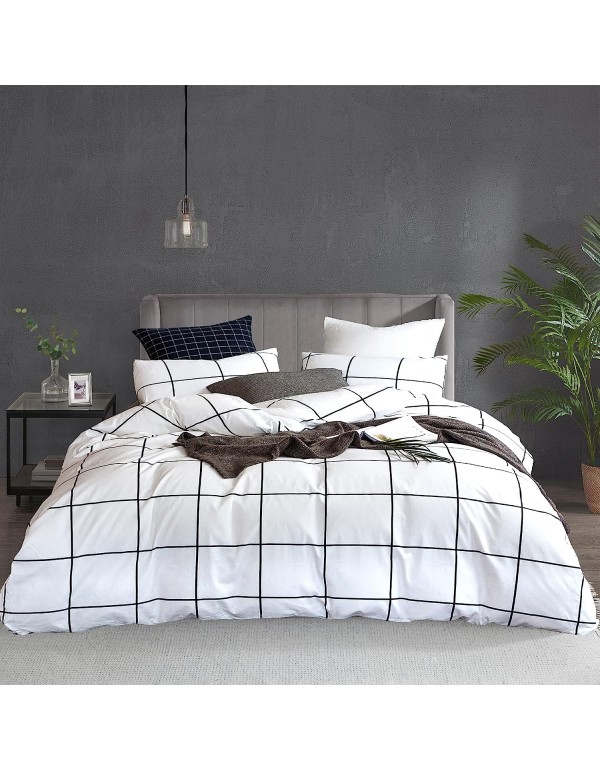 KAREVER White Grid Comforter Set Big Grid Bedding Set Twin Cotton White with Black Plaid Printed Stripes Women Checkered Comforters Bedding Set Girls White Grid Bed Blanket Set White Plaid Comforter