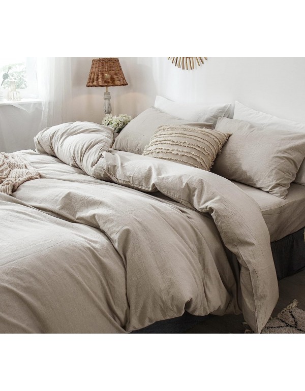 MooMee Bedding Duvet Cover Set 100% Washed Cotton Linen Like Textured Breathable Durable Soft Comfy (Tannish Linen Grey, Oversized King)