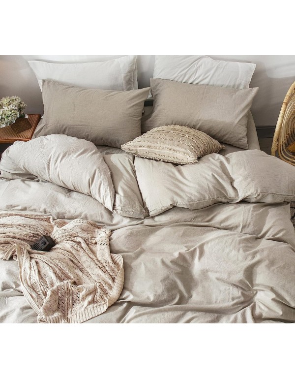 MooMee Bedding Duvet Cover Set 100% Washed Cotton Linen Like Textured Breathable Durable Soft Comfy (Tannish Linen Grey, Oversized King)