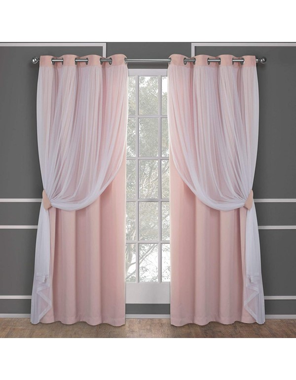 Exclusive Home Catarina Layered Solid Room Darkening Blackout and Sheer Grommet Top Curtain Panel Pair, 52"x84", Rose Blush