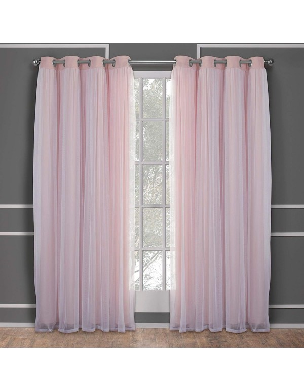 Exclusive Home Catarina Layered Solid Room Darkening Blackout and Sheer Grommet Top Curtain Panel Pair, 52"x84", Rose Blush
