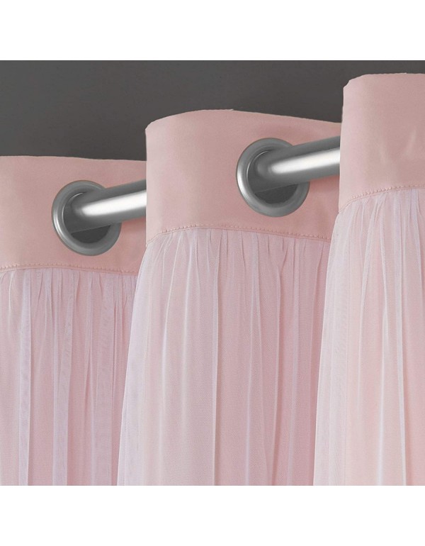 Exclusive Home Catarina Layered Solid Room Darkening Blackout and Sheer Grommet Top Curtain Panel Pair, 52"x84", Rose Blush
