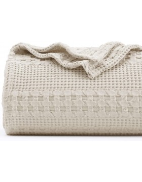 PHF 100% Cotton Waffle Weave Blanket Queen Size - Washed Soft Lightweight Blanket for All Season - Breathable and Skin-Friendly Blanket for Couch Bed Sofa 90"x90"-Light Khaki/Linen