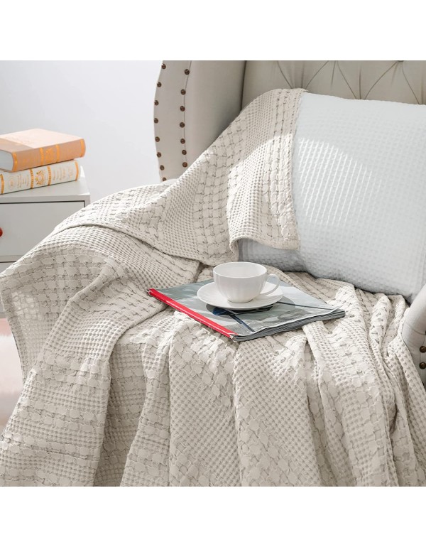 PHF 100% Cotton Waffle Weave Blanket Queen Size - Washed Soft Lightweight Blanket for All Season - Breathable and Skin-Friendly Blanket for Couch Bed Sofa 90"x90"-Light Khaki/Linen