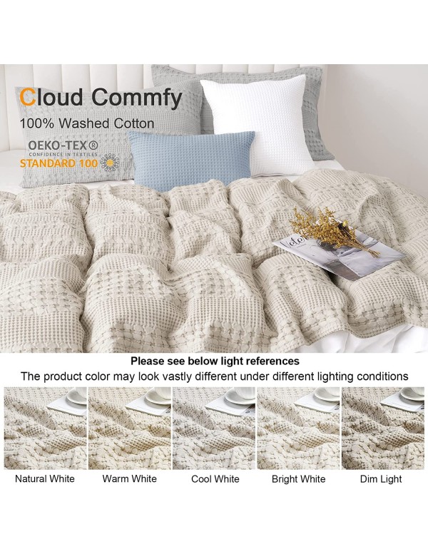 PHF 100% Cotton Waffle Weave Blanket Queen Size - Washed Soft Lightweight Blanket for All Season - Breathable and Skin-Friendly Blanket for Couch Bed Sofa 90"x90"-Light Khaki/Linen
