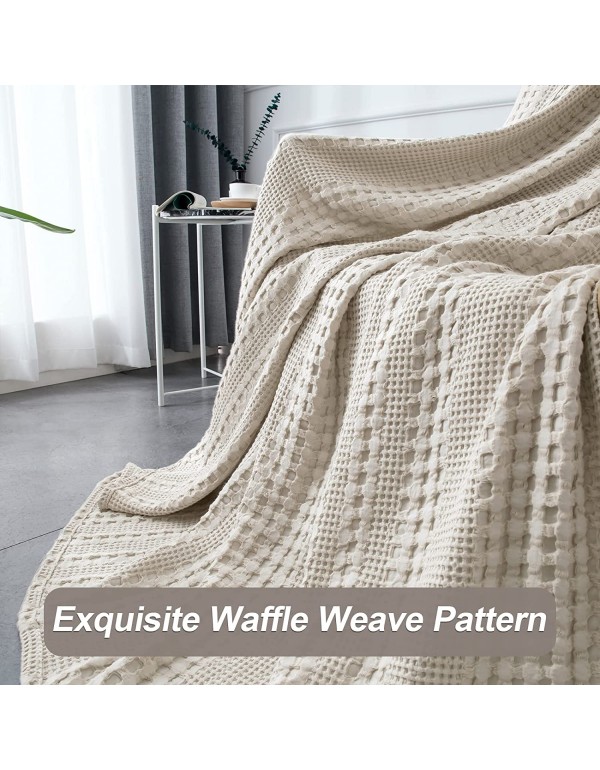 PHF 100% Cotton Waffle Weave Blanket Queen Size - Washed Soft Lightweight Blanket for All Season - Breathable and Skin-Friendly Blanket for Couch Bed Sofa 90"x90"-Light Khaki/Linen