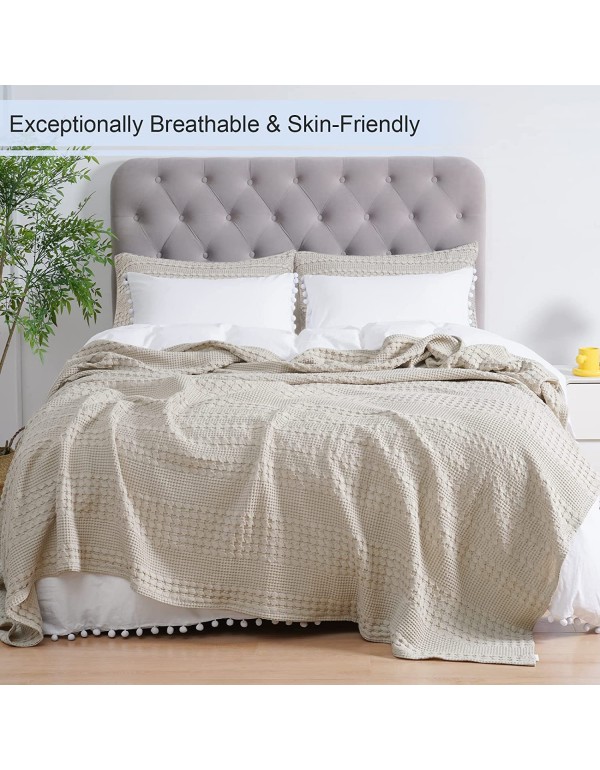 PHF 100% Cotton Waffle Weave Blanket Queen Size - Washed Soft Lightweight Blanket for All Season - Breathable and Skin-Friendly Blanket for Couch Bed Sofa 90"x90"-Light Khaki/Linen