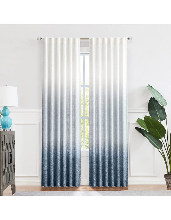 Central Park Ombre Window Curtain Panel Linen Gradient Print on Rayon Blend Fabric Backtab Rod Pocket Drapery Treatments for Living Room/Bedroom, Cream White to Indigo Blue, 50" x 84", Set of 2