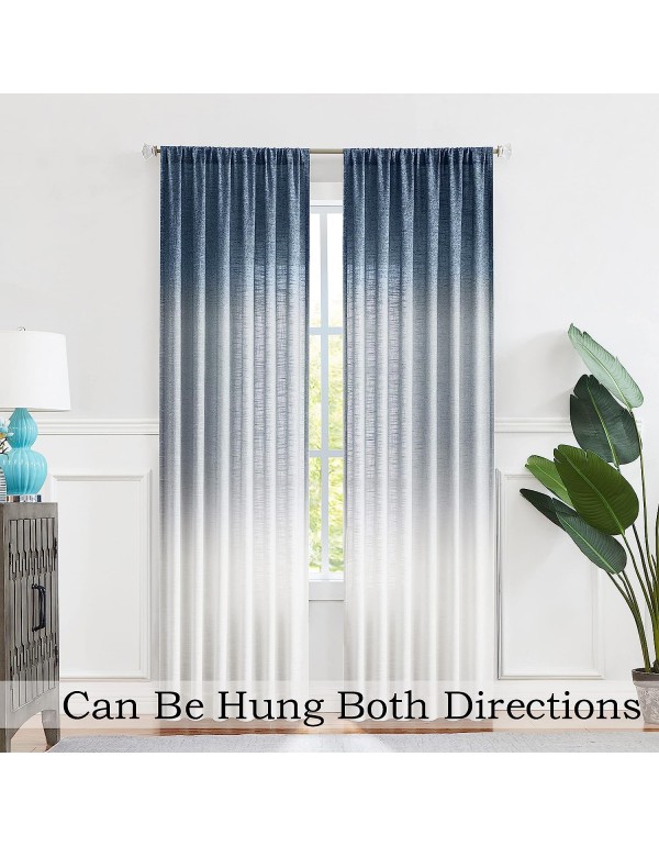 Central Park Ombre Window Curtain Panel Linen Gradient Print on Rayon Blend Fabric Backtab Rod Pocket Drapery Treatments for Living Room/Bedroom, Cream White to Indigo Blue, 50" x 84", Set of 2