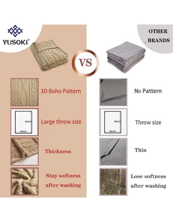 YUSOKI Sherpa Fleece Throw Blanket(Without Pillows)-3D Stylish Design Super Soft Fuzzy Cozy Warm Blanket Thick Plush Fluffy Furry Blankets for Women Couch Bed Sofa Chair Men Boys Gift(Tan,50"x65")